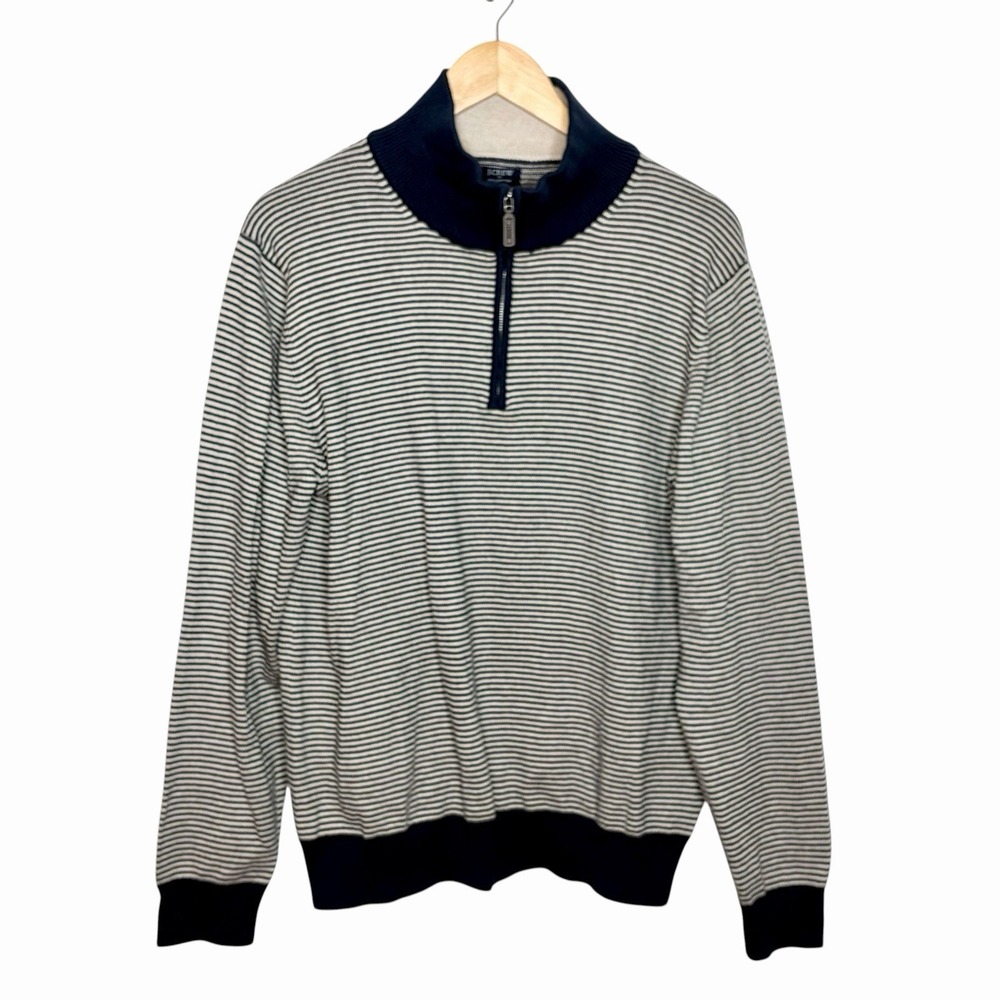 J Crew Striped 1/4 Zip Pullover Sweater Navy Mens L Cotton Nautical Preppy
